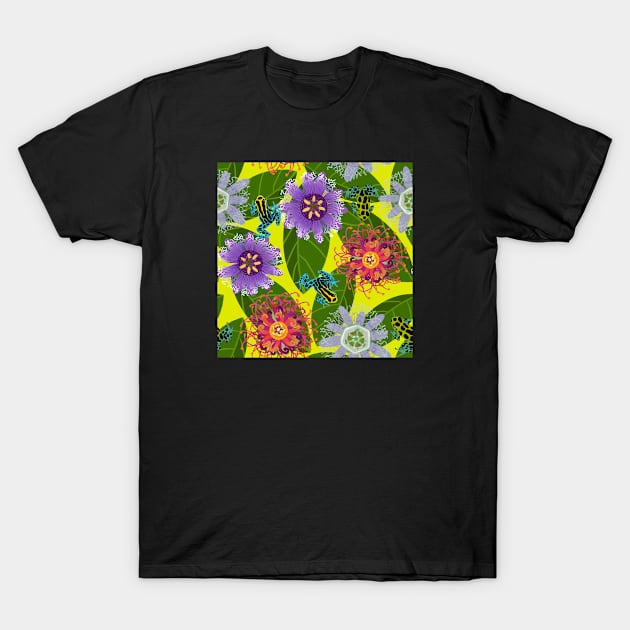 Pretty Poisons: Passionflowers and Poison Dart Frogs on Acid Yellow T-Shirt by brittanylane
